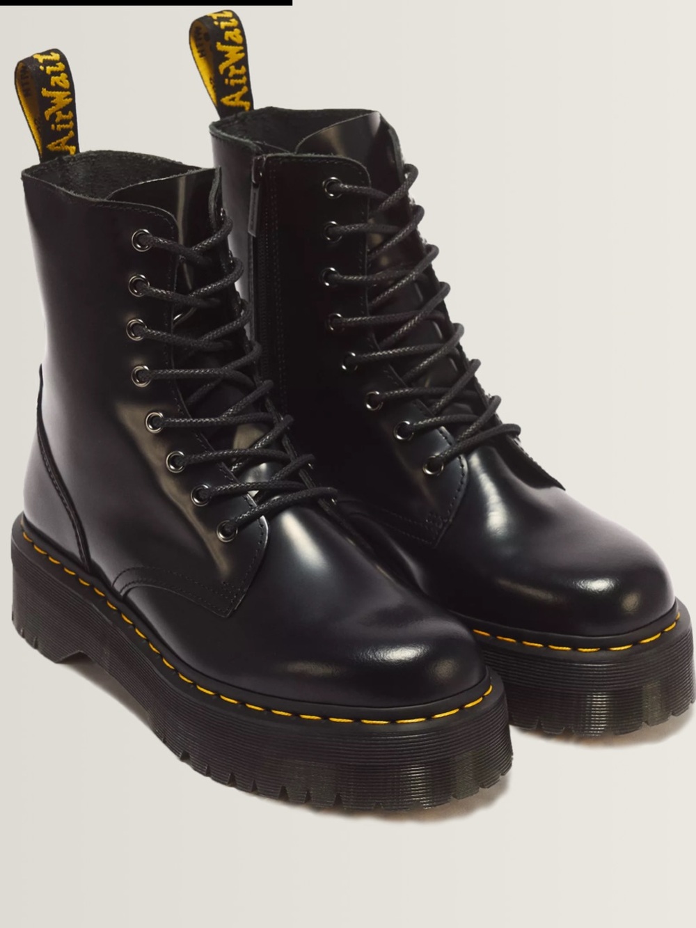 Dr. Martens Black Leather Platform Lace-Up Boots with Yellow Stitching